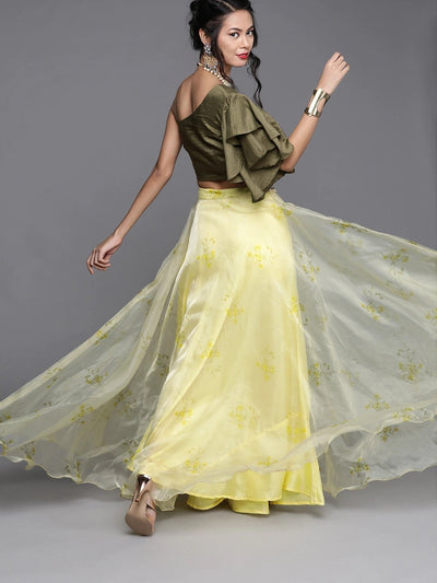 Green Silk Blend Printed Lehenga Choli - Inddus