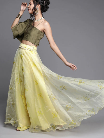 Green Silk Blend Printed Lehenga Choli - Inddus