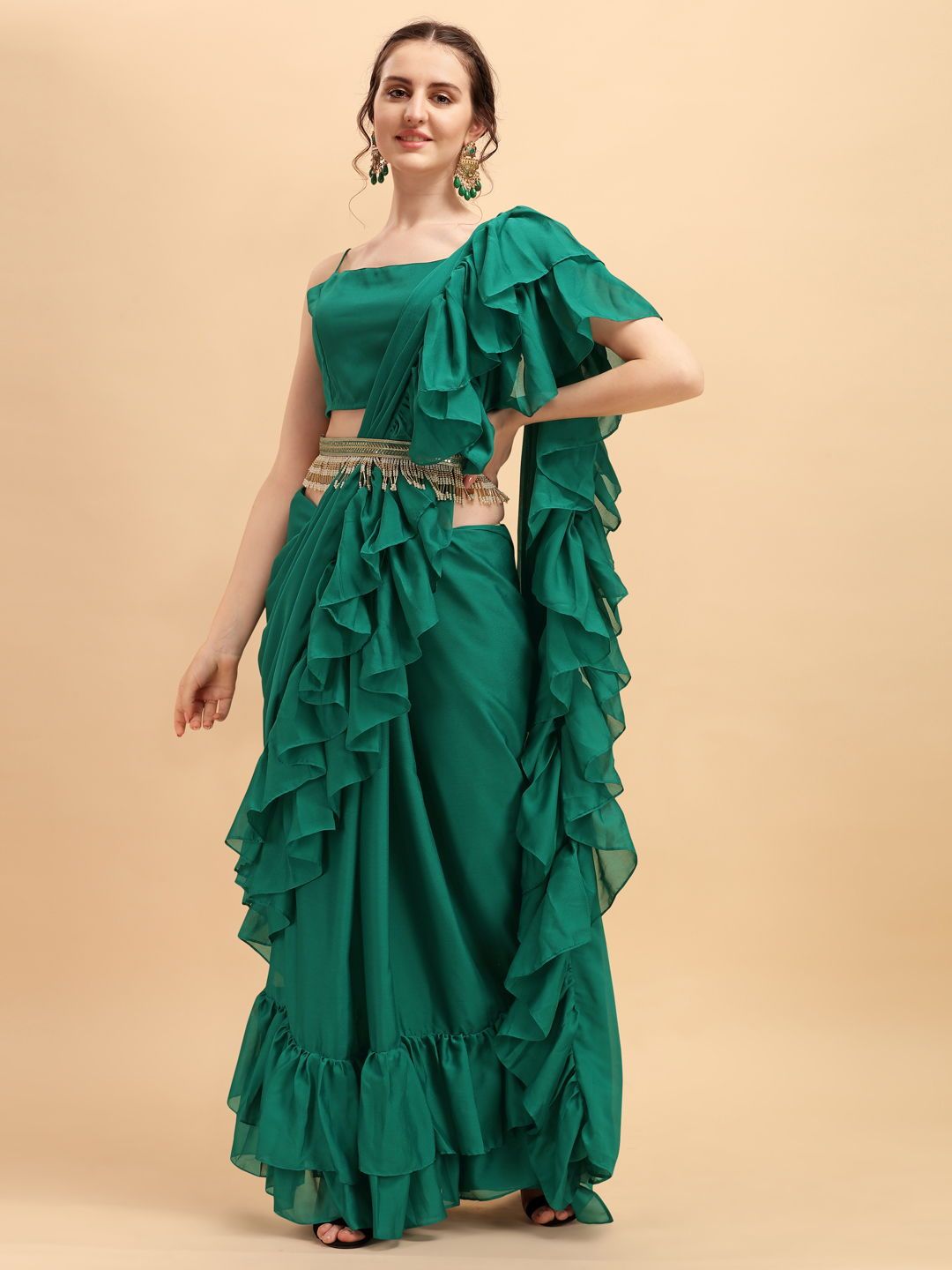 Buy Enticing Green Solid Ruffled Saree with Belt Online
