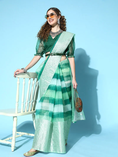 Green Woven Design Border Organza Printed Saree with Blouse Piece - Inddus.in