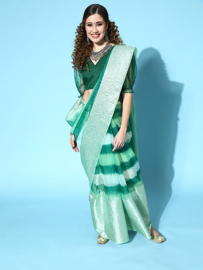 Green Woven Design Border Organza Printed Saree with Blouse Piece - Inddus.in