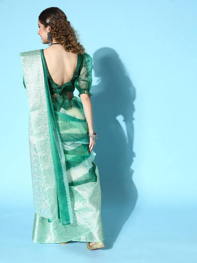 Green Woven Design Border Organza Printed Saree with Blouse Piece - Inddus.in
