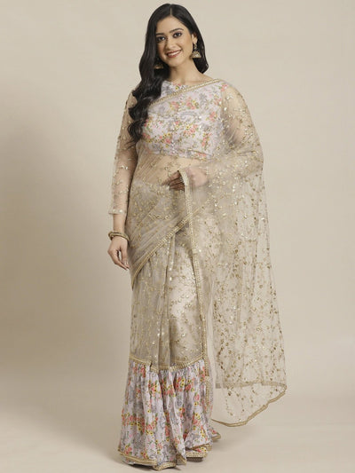 Grey & Golden Net Embroidered Ruffled Saree - Inddus