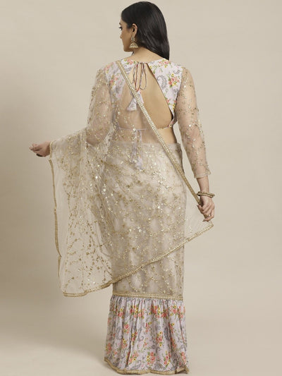Grey & Golden Net Embroidered Ruffled Saree - Inddus
