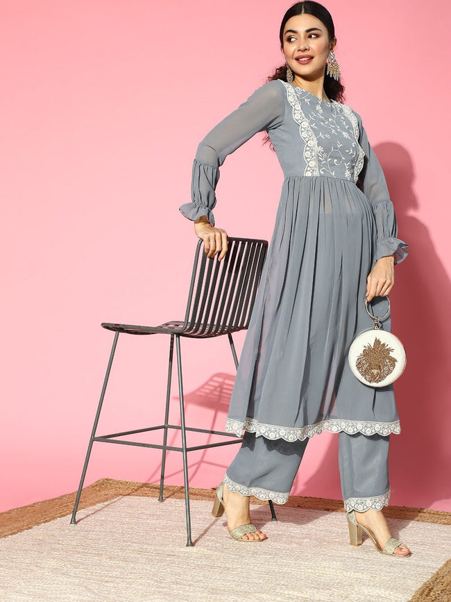 Nice Grey Colour Hand Chikankari Georgette Long Kurti With Muquaish Wo –  Lucknow Chikan Emporium