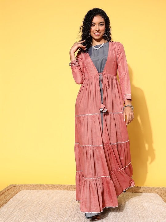 Grey & Peach-Coloured Maxi Dress With Mukaish Embroidered Jacket Inddus.in Grey & Peach-Coloured Maxi Dress With Mukaish Embroidered Jacket Inddus.in