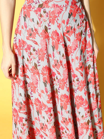 Grey & Peach Georgette Floral Printed Top & Skirt Co-ords Set - Inddus.in