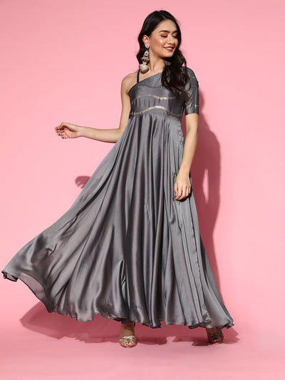 Grey Sequinned Embroidered Flared Gown - Inddus.in