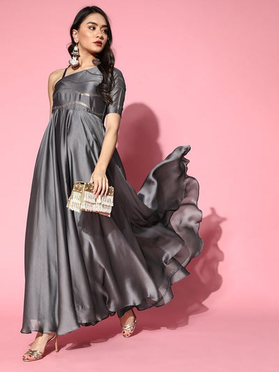 Grey Sequinned Embroidered Flared Gown - Inddus.in