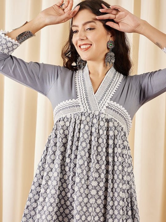 grey ethnic dress Women grey cotton ethnic motifs printed anarkali kurta