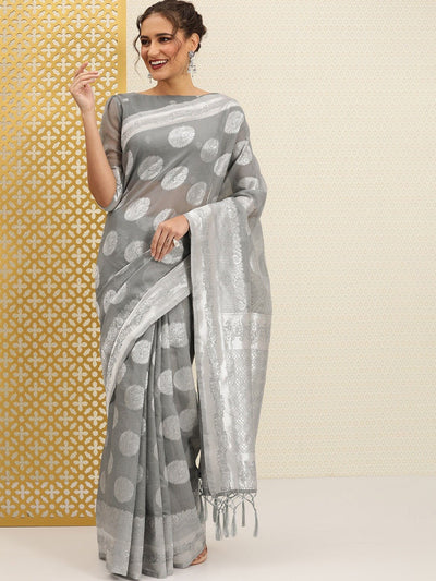 Grey Zari Woven Design Banarasi Saree with Blouse Piece - Inddus.in