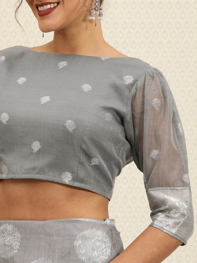 Grey Zari Woven Design Banarasi Saree with Blouse Piece - Inddus.in
