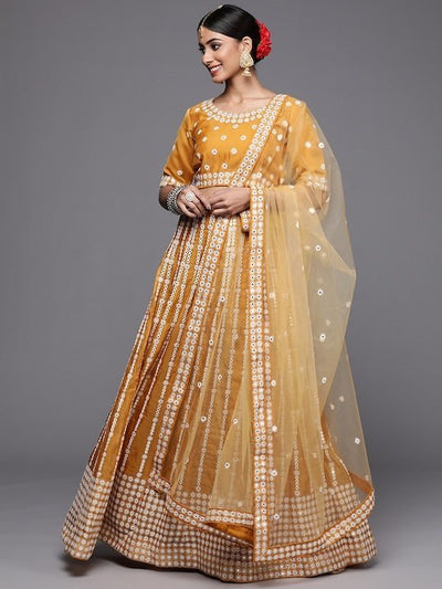 Inddus Mustard Embroidered Thread Work Semi-Stitched Lehenga & Unstitched Blouse With Dupatta Net - Inddus.in