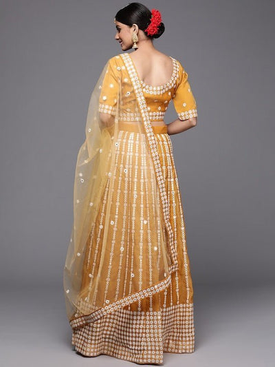 Inddus Mustard Embroidered Thread Work Semi-Stitched Lehenga & Unstitched Blouse With Dupatta Net - Inddus.in