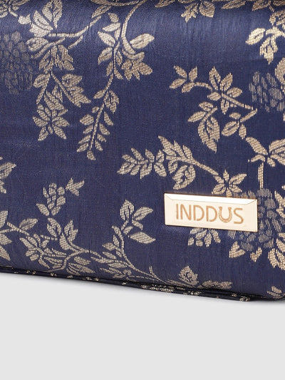 Inddus Navy Blue & Gold-Toned Floral Woven Brocade Box Clutch - Inddus.in