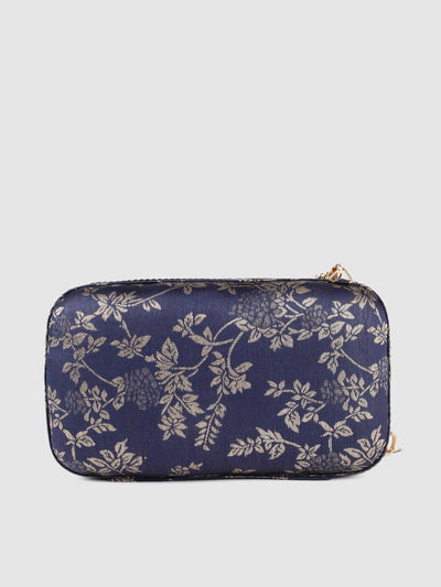 Inddus Navy Blue & Gold-Toned Floral Woven Brocade Box Clutch - Inddus.in
