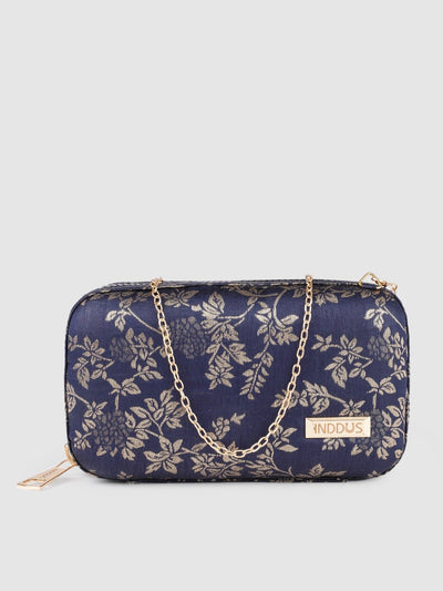 Inddus Navy Blue & Gold-Toned Floral Woven Brocade Box Clutch - Inddus.in