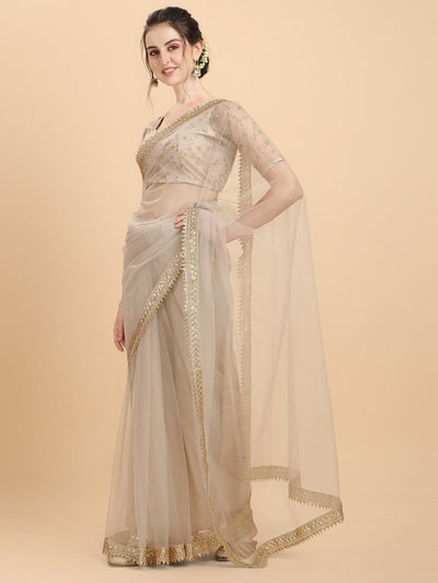 Inddus Off White Gold-Toned Sequinned Net Saree - Inddus.in