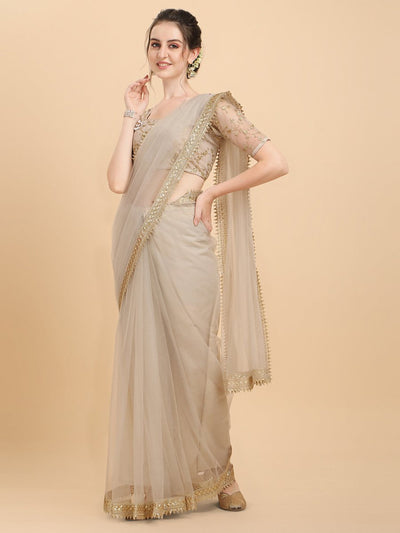 Inddus Off White Gold-Toned Sequinned Net Saree - Inddus.in