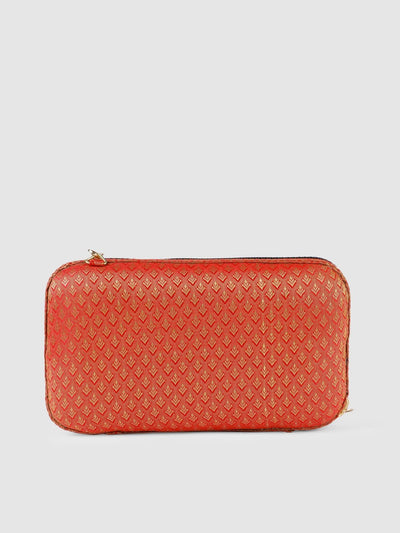 Inddus Red & Gold-toned Woven Brocade Box Clutch - Inddus.in