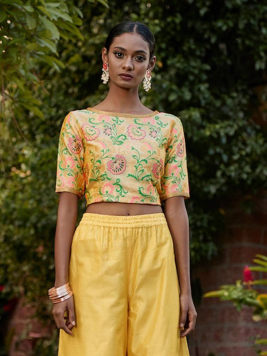 Buy Yellow Dola Silk Patola Crop Top and Palazzo Set Online