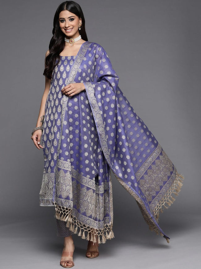 Lavender Gold-Toned Banarasi Cotton Unstitched Dress Material