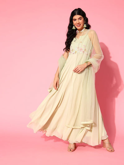 Light Green Embroidered Sequins Ethnic Motifs Kurta with Net Dupatta - Inddus.in