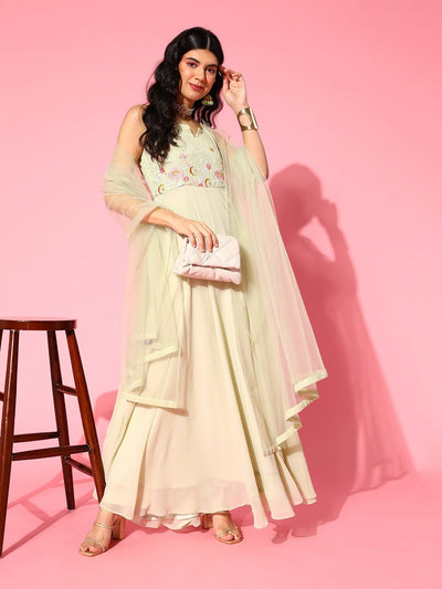 Light Green Embroidered Sequins Ethnic Motifs Kurta with Net Dupatta - Inddus.in