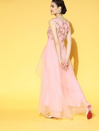 Light Pink Net Ethnic Motifs Yoke Embroidered Maxi Dress - Inddus.in