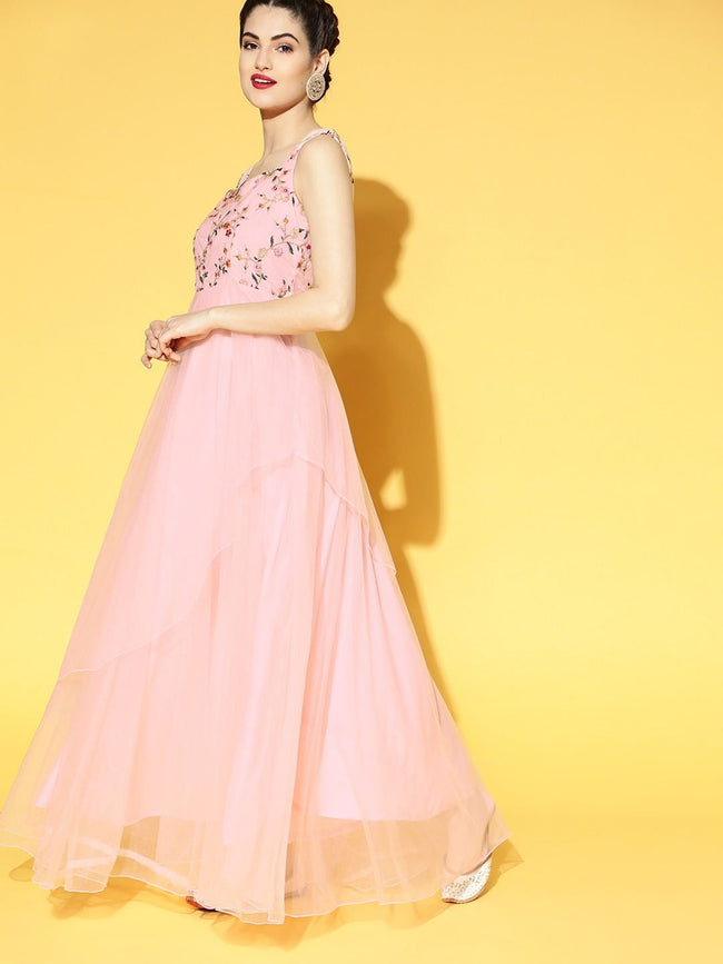 Buy Radiant Light Pink Net Ethnic Motifs Yoke Embroidered Maxi Dress - Inddus.in Buy Radiant Light Pink Net Ethnic Motifs Yoke Embroidered Maxi Dress - Inddus.in