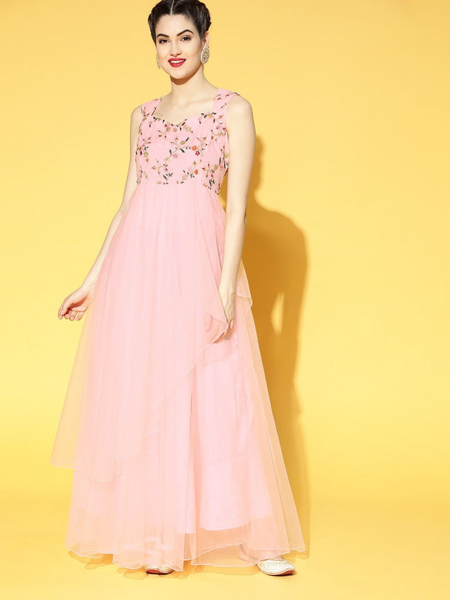 Shop Pink Net Embroidery Anarkali Suit Party Wear Online at Best Price |  Cbazaar