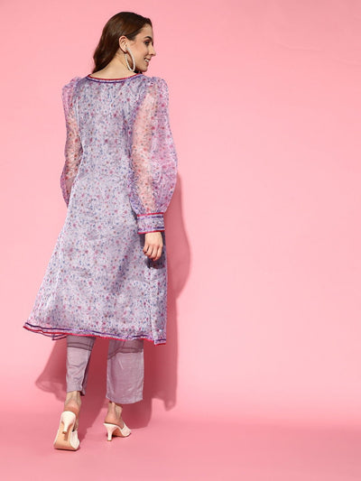 Lilac Floral Digital Print Kurta with Pants - Inddus.in