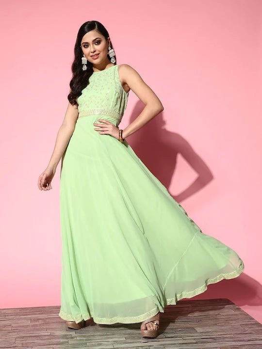 Lime Green Floral Embroidered Georgette Maxi Ethnic Dress Inddus.in Lime Green Floral Embroidered Georgette Maxi Ethnic Dress Inddus.in