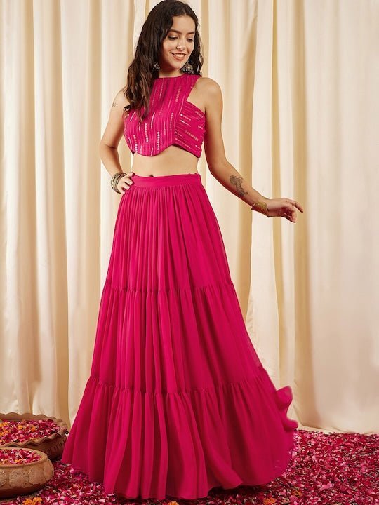 Magenta Embellished Sleeveless Crop Top With Skirts–