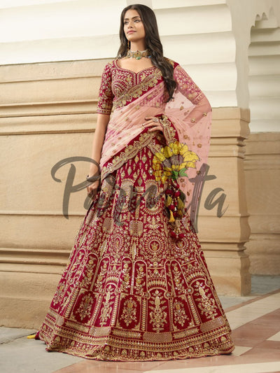 Magenta Pink Multi thread and Sequinned Embroidered lehenga - Inddus.in