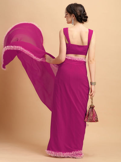 Magenta Pink Solid Ruffled Saree - Inddus