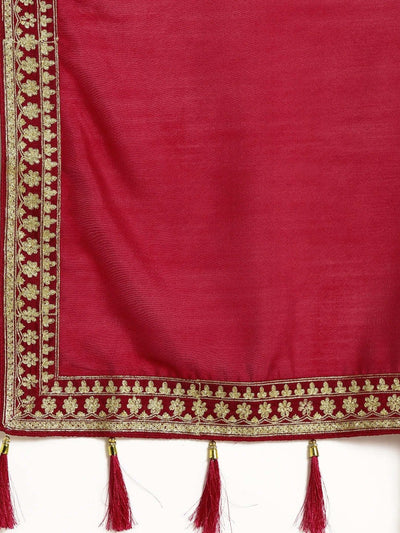 Magenta Pink Solid Silk Blend Embroidered Border Saree - Inddus