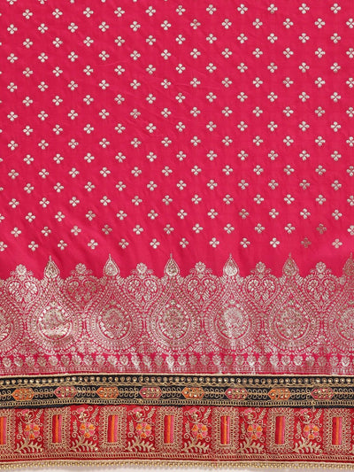 Magenta Pink Traditional Banarasi Saree with Embroidered Border and Blouse Piece - Inddus.in