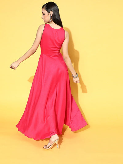 Magenta Polyester Partywear Solid Dresses - Inddus.in