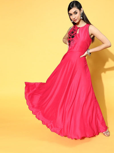 Magenta Polyester Partywear Solid Dresses - Inddus.in