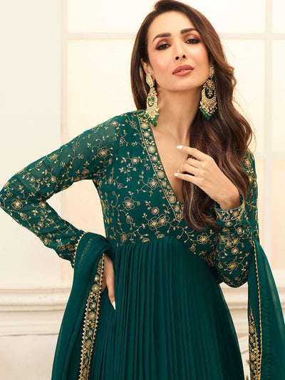 Malaika Arora Green Floral Embroidered Anarkali Suit - Inddus.in