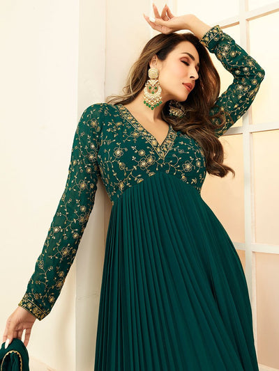 Malaika Arora Green Floral Embroidered Anarkali Suit - Inddus.in