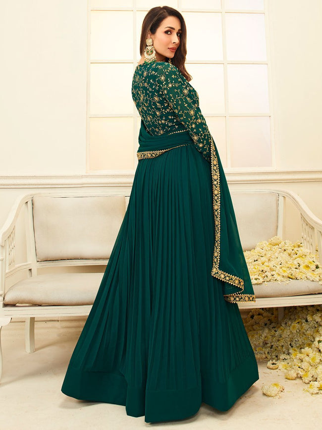 Embroidered Satin Anarkali Suit in Dark Green : KUF15423