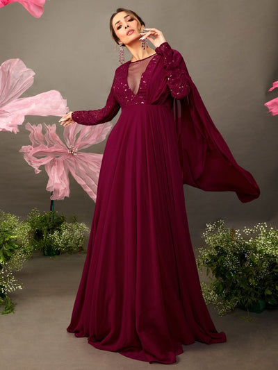 Maroon Floral Embroidered Gown