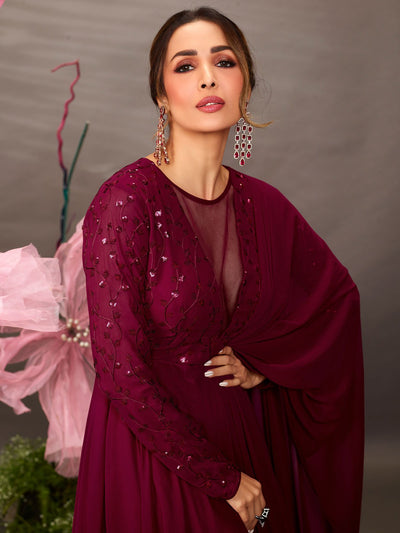 Malaika Arora Maroon Floral Embroidered Gown - Inddus.in