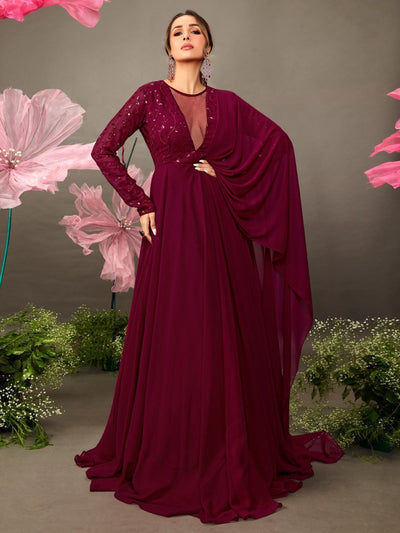 Malaika Arora Maroon Floral Embroidered Gown - Inddus.in