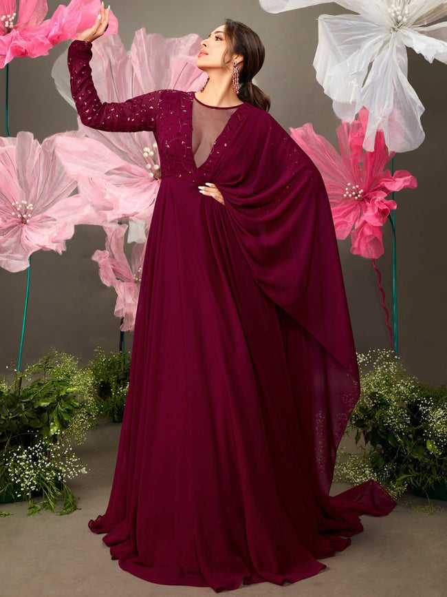 Sophisticated Long Sleeve Satin Burgundy Evening Gown 7478 – Sparkly Gowns