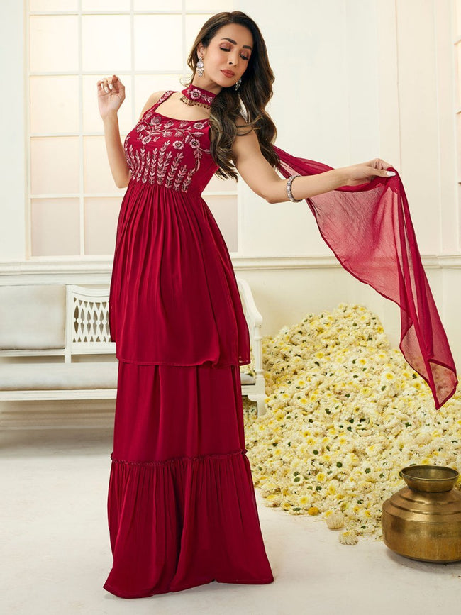 Malaika Arora Maroon & Pink Embroidered Top with Skirt With Dupatta -  Inddus.in