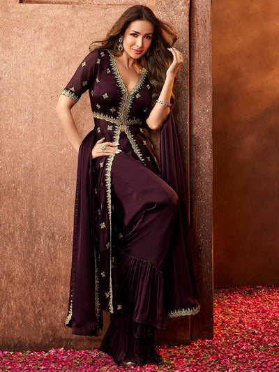 Malaika Arora Mauve Embroidered High Slit Kurta with Palazzos & Dupatta - Inddus.in