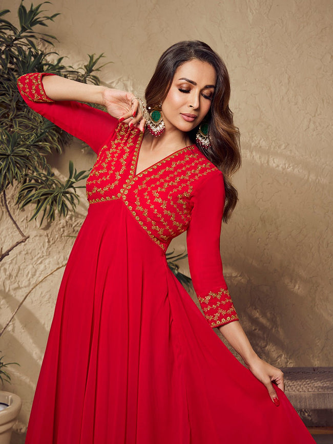 Malaika Arora Red Zari Embroidered Flared Kurta with Sharara Inddus.in